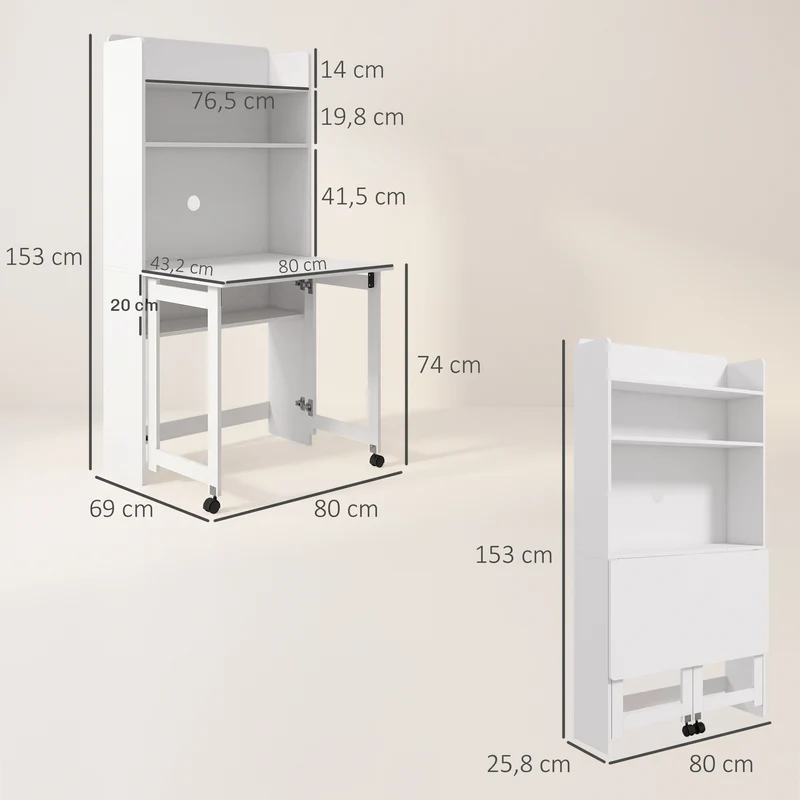 Bureau informatique pliable pour chambre salon 80 x 69 x 155 cm gain de place avec étagères design moderne en MDF blanc 21_0002492