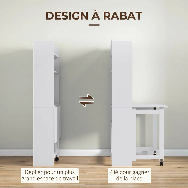 Bureau informatique pliable pour chambre salon 80 x 69 x 155 cm gain de place avec étagères design moderne en MDF blanc 21_0002492
