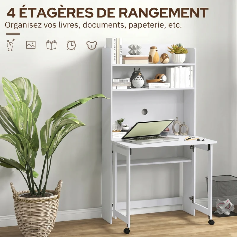 Bureau informatique pliable pour chambre salon 80 x 69 x 155 cm gain de place avec étagères design moderne en MDF blanc 21_0002492