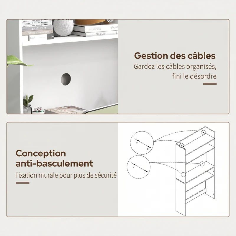 Bureau informatique pliable pour chambre salon 80 x 69 x 155 cm gain de place avec étagères design moderne en MDF blanc 21_0002492