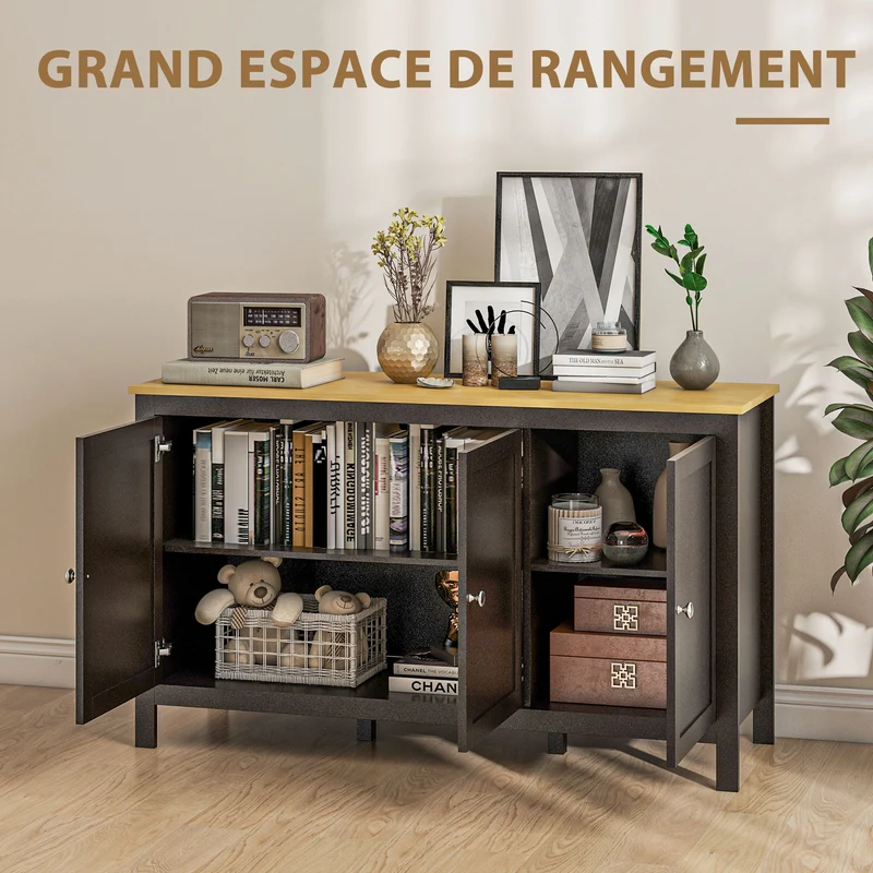 Buffet meuble de rangement salon 120 x 40 x 70 cm volume 3 portes 2 étagères réglables style classique cosy en MDF noir 21_0002909