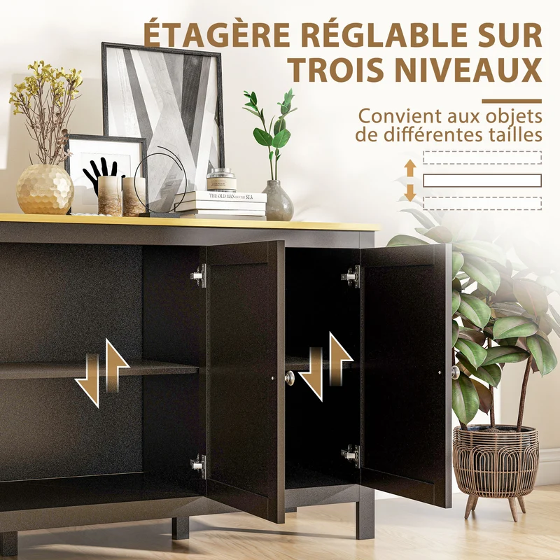 Buffet meuble de rangement salon 120 x 40 x 70 cm volume 3 portes 2 étagères réglables style classique cosy en MDF noir 21_0002909