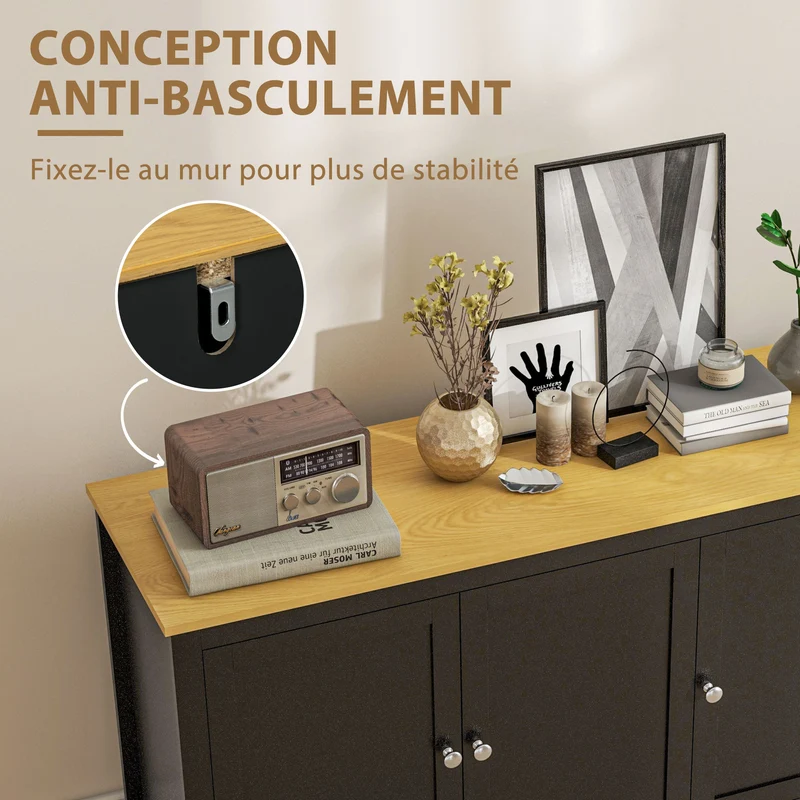 Buffet meuble de rangement salon 120 x 40 x 70 cm volume 3 portes 2 étagères réglables style classique cosy en MDF noir 21_0002909