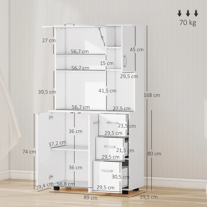 Armoire de cuisine multi rangements 89 x 39,5 x 168 cm gain de place grand plateau design en bois d'ingénierie blanc 21_0001770