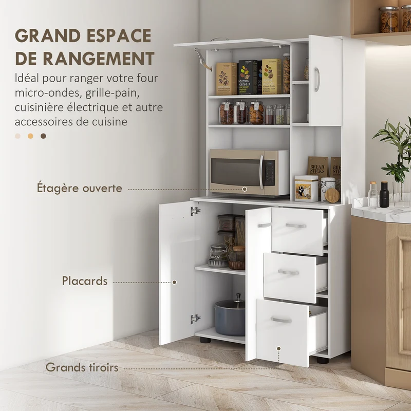 Armoire de cuisine multi rangements 89 x 39,5 x 168 cm gain de place grand plateau design en bois d'ingénierie blanc 21_0001770