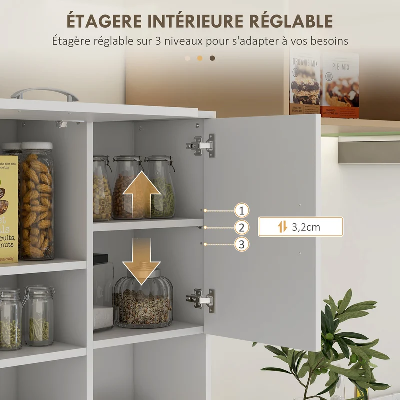 Armoire de cuisine multi rangements 89 x 39,5 x 168 cm gain de place grand plateau design en bois d'ingénierie blanc 21_0001770