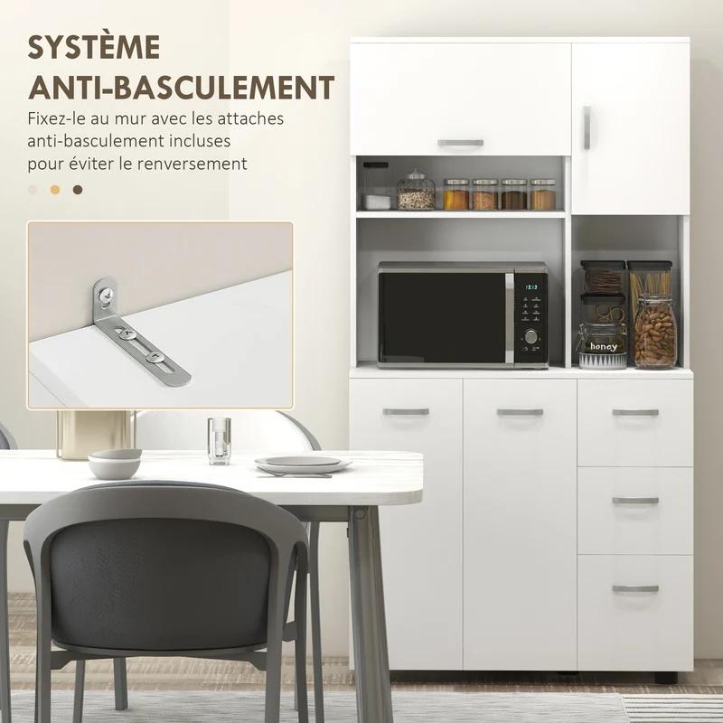 Armoire de cuisine multi rangements 89 x 39,5 x 168 cm gain de place grand plateau design en bois d'ingénierie blanc 21_0001770
