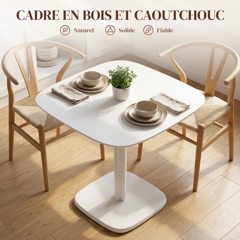 Table à manger carrée cuisine 70 x 70 x 75 cm plateau épais coins arrondis nettoyable moderne en bois d'hévéa blanc 21_0003312