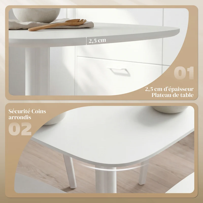 Table à manger carrée cuisine 70 x 70 x 75 cm plateau épais coins arrondis nettoyable moderne en bois d'hévéa blanc 21_0003312