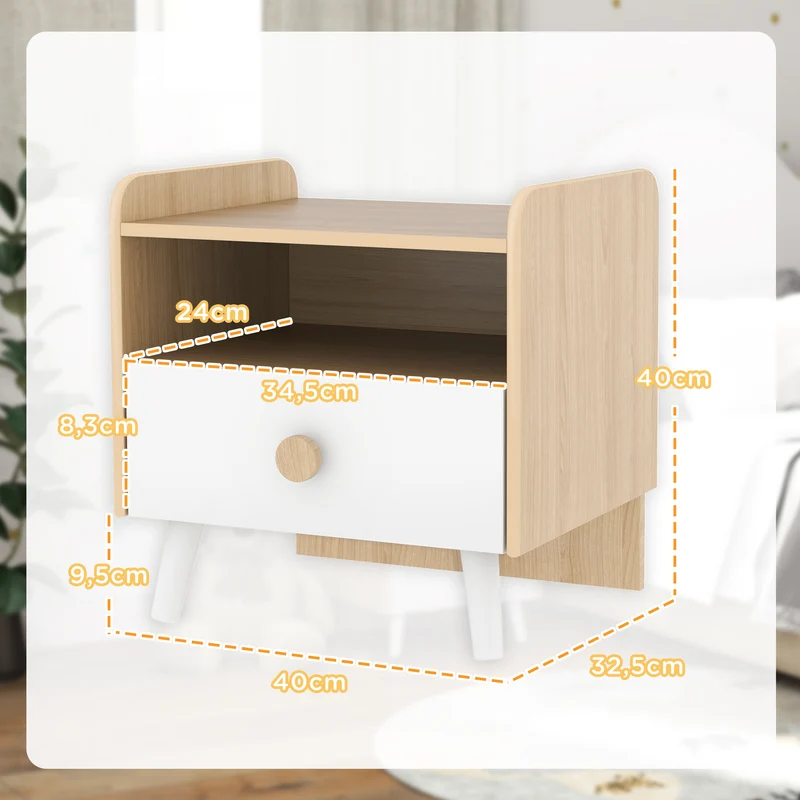 Table de chevet enfant 40 x 32.5 x 40 cm rangement tiroir et niche design scandinave chambre cosy pratique en MDF blanc 21_0000258