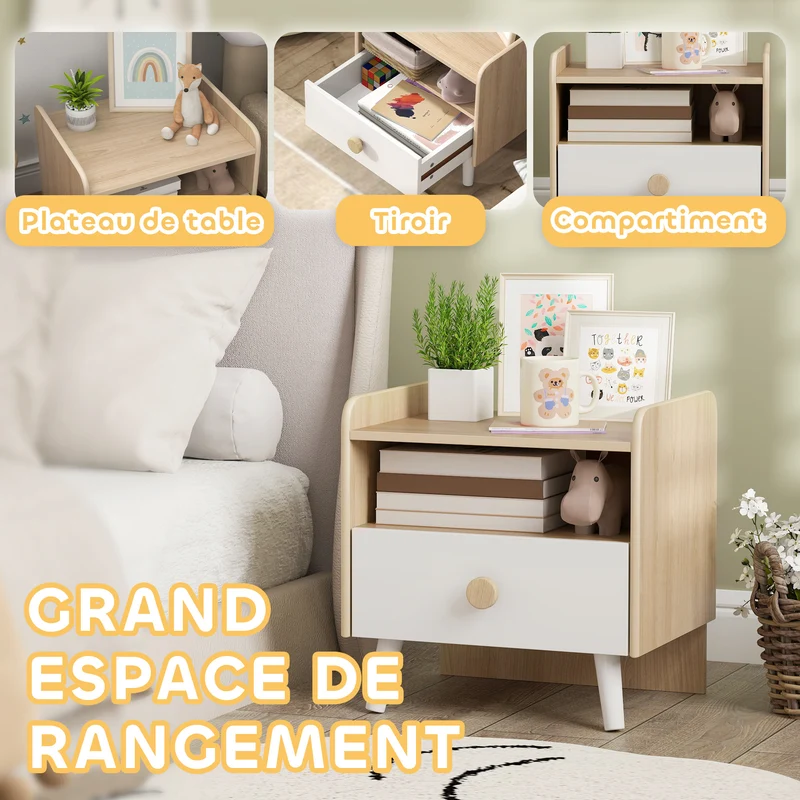 Table de chevet enfant 40 x 32.5 x 40 cm rangement tiroir et niche design scandinave chambre cosy pratique en MDF blanc 21_0000258