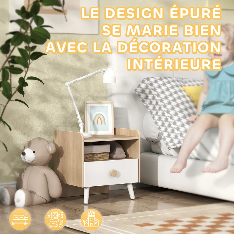 Table de chevet enfant 40 x 32.5 x 40 cm rangement tiroir et niche design scandinave chambre cosy pratique en MDF blanc 21_0000258