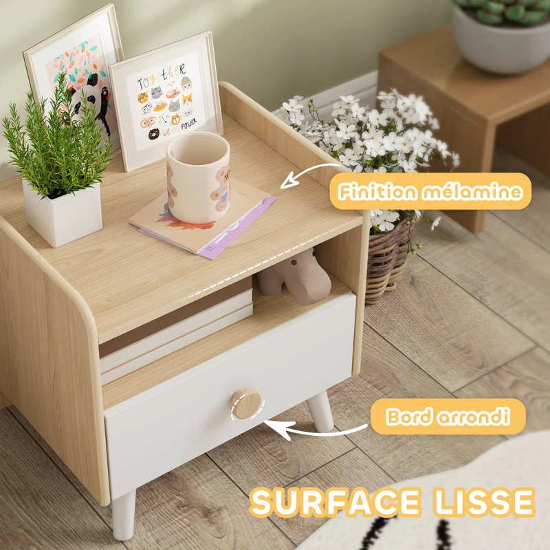 Table de chevet enfant 40 x 32.5 x 40 cm rangement tiroir et niche design scandinave chambre cosy pratique en MDF blanc 21_0000258