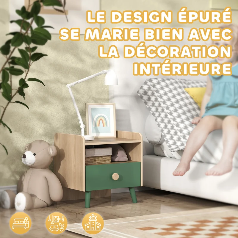 Table de chevet enfant 40 x 32,5 x 40 cm rangement tiroir et niche gain de place style scandinave épuré idéal en MDF vert 21_0000257
