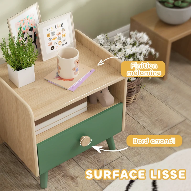 Table de chevet enfant 40 x 32,5 x 40 cm rangement tiroir et niche gain de place style scandinave épuré idéal en MDF vert 21_0000257