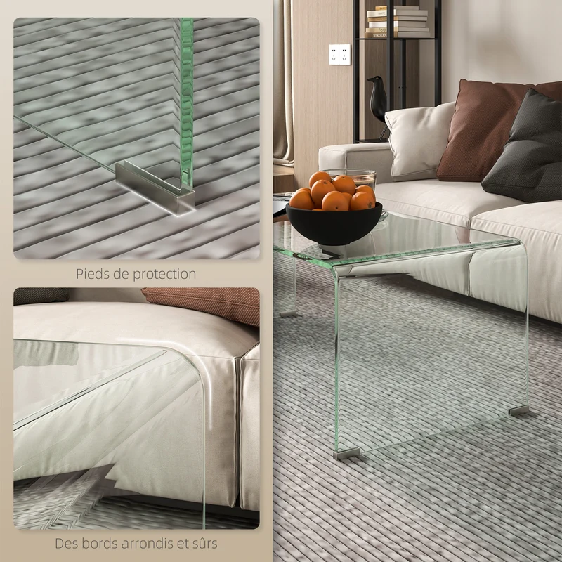 Table basse rectangulaire salon 80 x 45 x 35 cm patins antidérapants entretien aisé design en verre trempé transparent 21_0003185