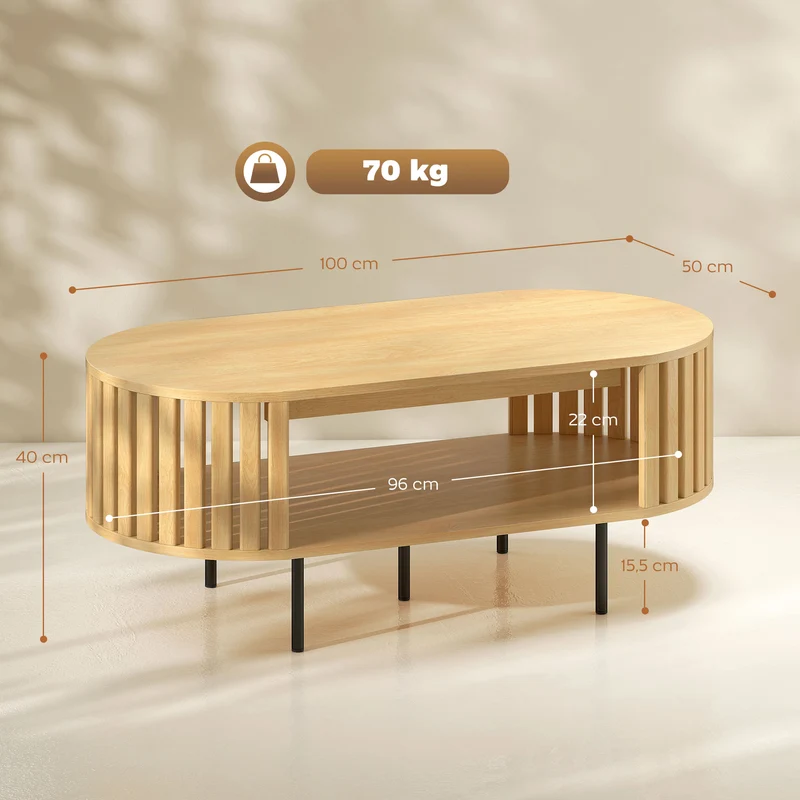 Table basse ovale 100 x 50 x 40 cm rangement stable gain de place design à lattes scandinave en MDF effet bois naturel 21_0003566