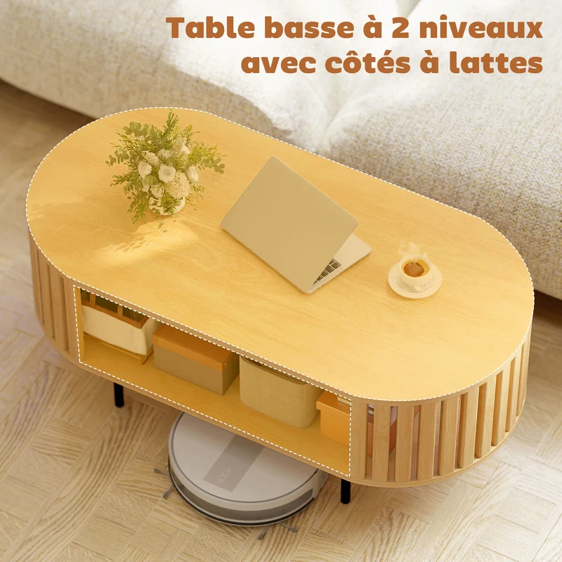 Table basse ovale 100 x 50 x 40 cm rangement stable gain de place design à lattes scandinave en MDF effet bois naturel 21_0003566