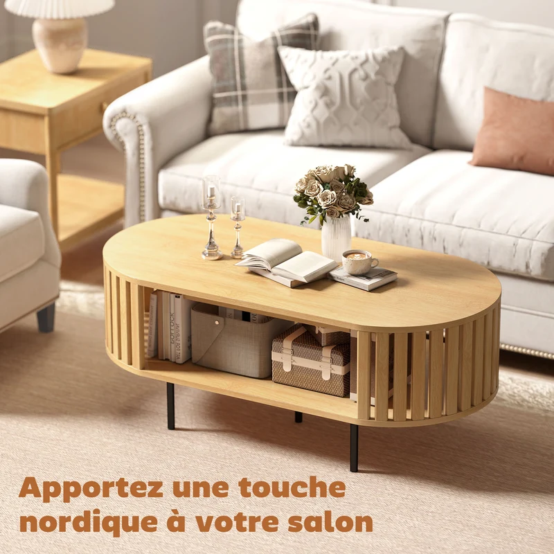 Table basse ovale 100 x 50 x 40 cm rangement stable gain de place design à lattes scandinave en MDF effet bois naturel 21_0003566