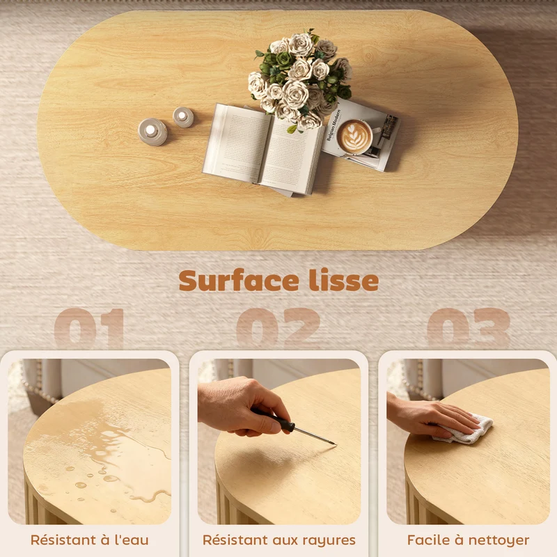 Table basse ovale 100 x 50 x 40 cm rangement stable gain de place design à lattes scandinave en MDF effet bois naturel 21_0003566