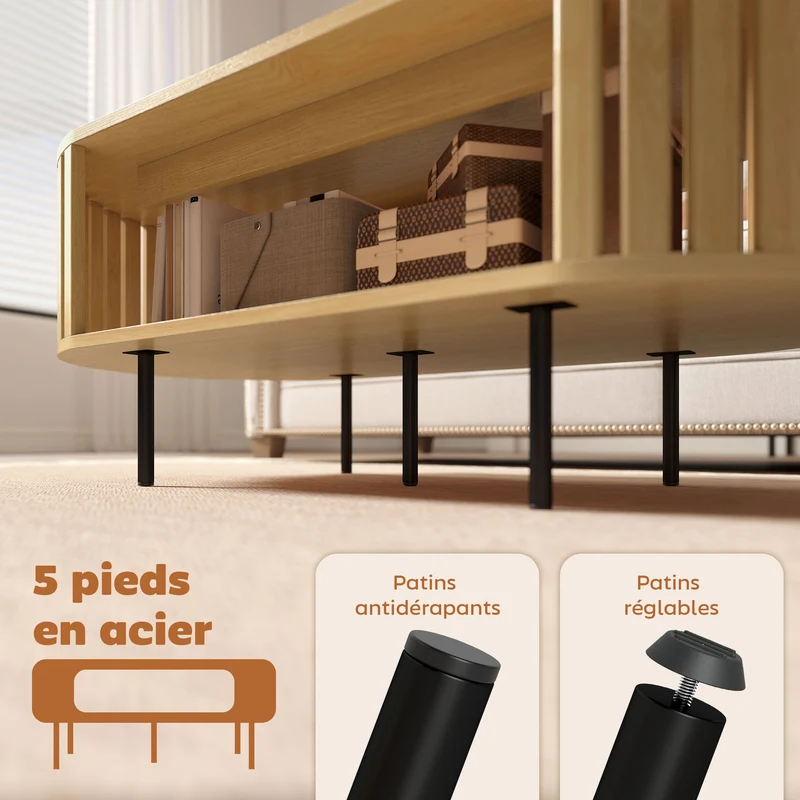 Table basse ovale 100 x 50 x 40 cm rangement stable gain de place design à lattes scandinave en MDF effet bois naturel 21_0003566