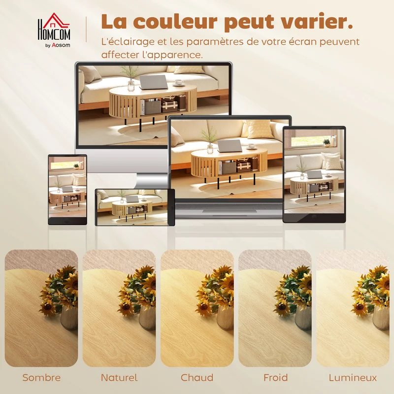 Table basse ovale 100 x 50 x 40 cm rangement stable gain de place design à lattes scandinave en MDF effet bois naturel 21_0003566