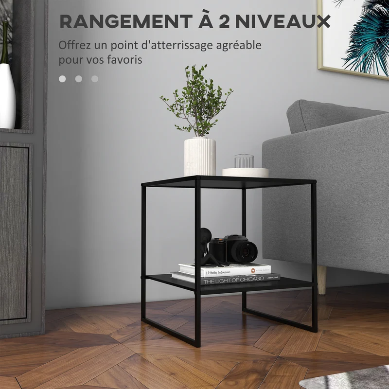 Table basse d'appoint carrée salon 40 x 40 x 45 cm plateau spacieux étagère pratique design industriel en acier noir 21_0003145