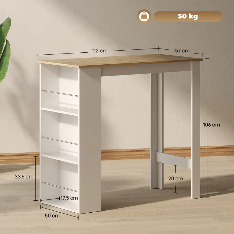 Table bar haute cuisine 112 x 57 x 106 cm 3 étagères rangement pratique contemporain en panneau aggloméré chêne clair 21_0002224