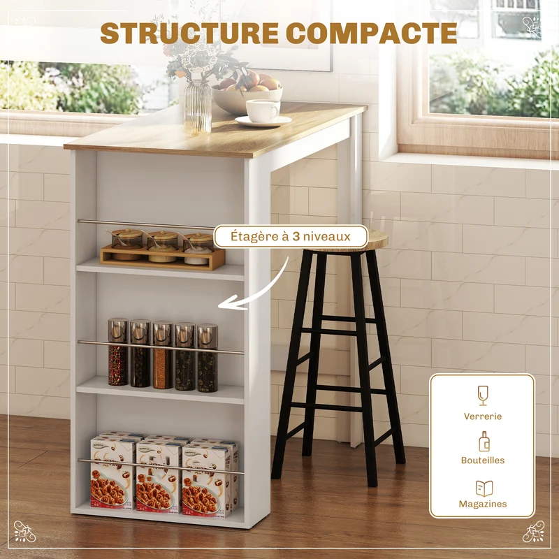 Table bar haute cuisine 112 x 57 x 106 cm 3 étagères rangement pratique contemporain en panneau aggloméré chêne clair 21_0002224