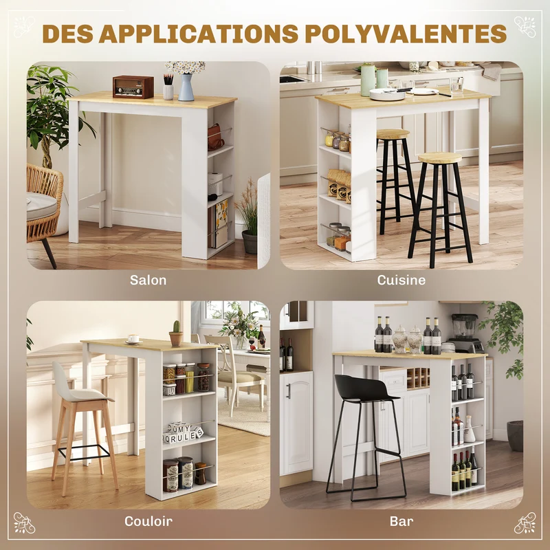 Table bar haute cuisine 112 x 57 x 106 cm 3 étagères rangement pratique contemporain en panneau aggloméré chêne clair 21_0002224
