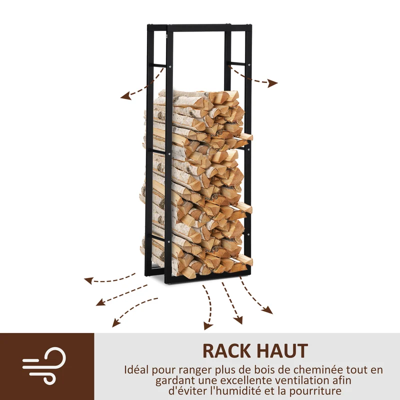 Range bûches porte bois vertical intérieur 60 x 25 x 150 cm supporte 100 kg montage rapide moderne en métal époxy noir 21_0001107