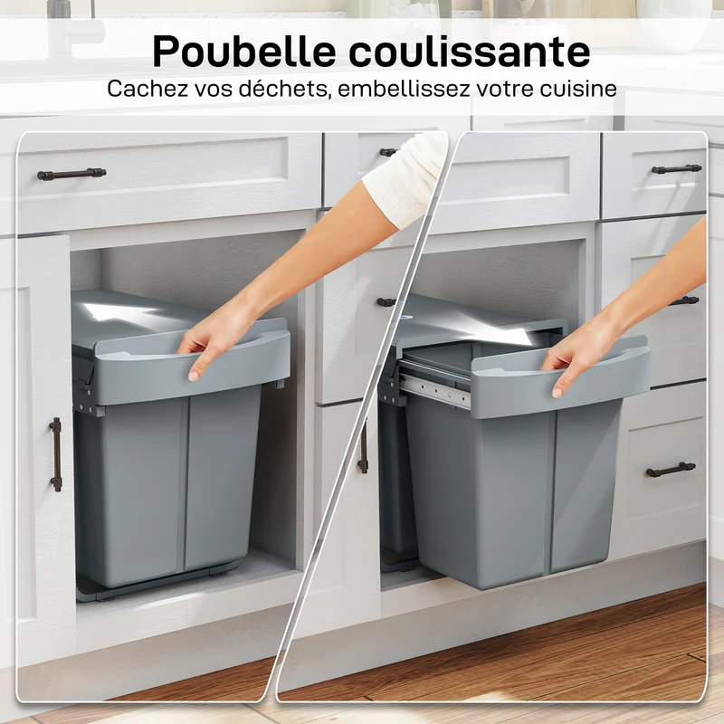 Poubelle sous évier coulissante encastrable 52 x 33,5 x 41 cm glisse silencieuse bacs amovibles moderne épuré en PP gris 21_0005947