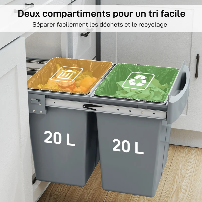 Poubelle sous évier coulissante encastrable 52 x 33,5 x 41 cm glisse silencieuse bacs amovibles moderne épuré en PP gris 21_0005947