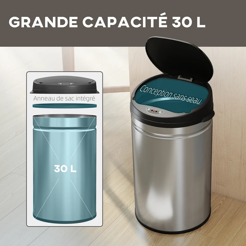 Poubelle automatique cuisine capteur 32 x 30,5 x 51 cm ouverture silencieuse 30 l moderne en acier inoxydable argent 21_0005925