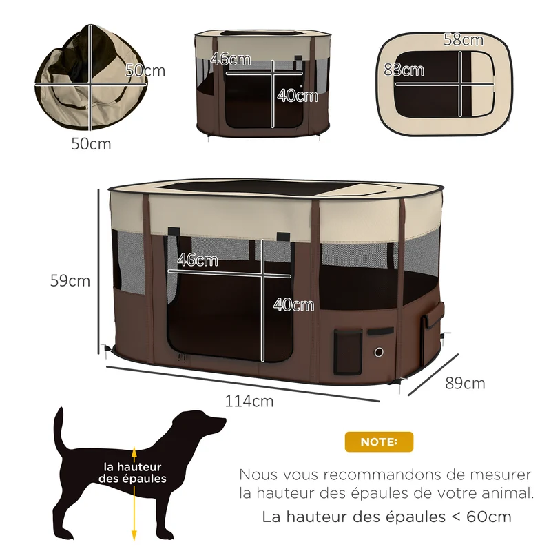 Parc pliable pour animaux de compagnie 114 x 89 x 59 cm léger portable voyage sécurisé moderne en tissu oxford marron 21_0007458