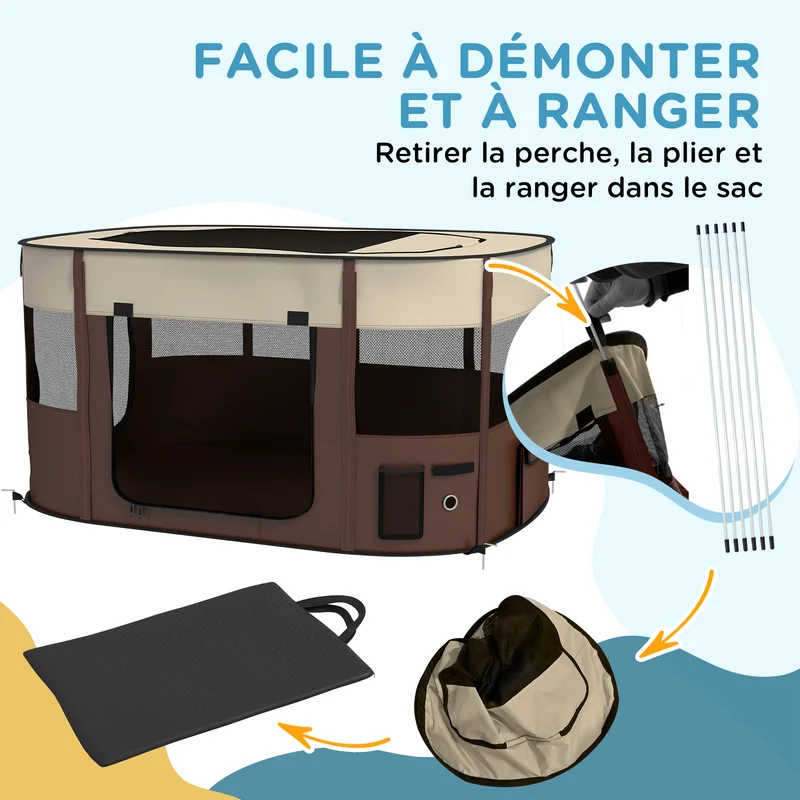 Parc pliable pour animaux de compagnie 114 x 89 x 59 cm léger portable voyage sécurisé moderne en tissu oxford marron 21_0007458