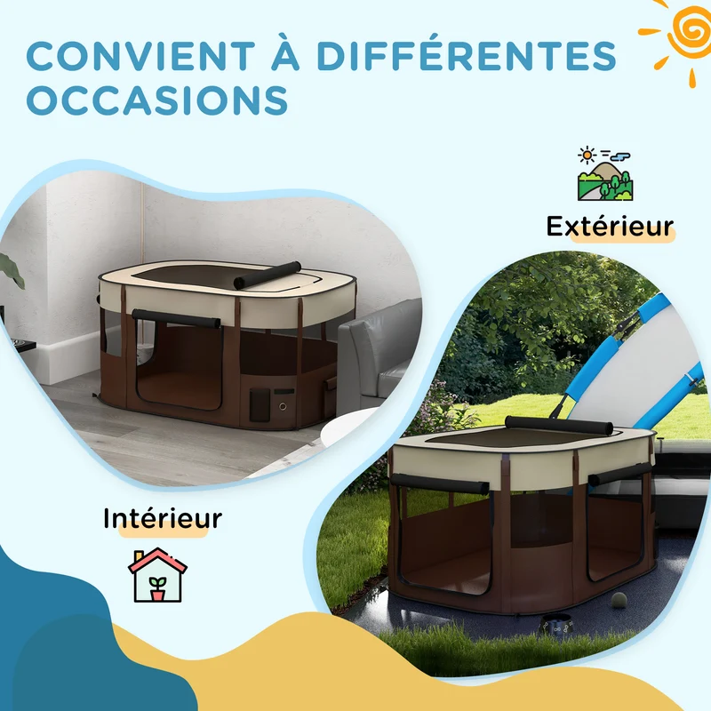 Parc pliable pour animaux de compagnie 114 x 89 x 59 cm léger portable voyage sécurisé moderne en tissu oxford marron 21_0007458
