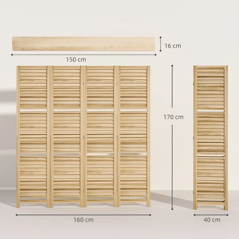 Paravent intérieur 4 panneaux séparateur 160 x 1,9 x 170 cm avec portes persiennes 3 étagères design en bois naturel 21_0001225