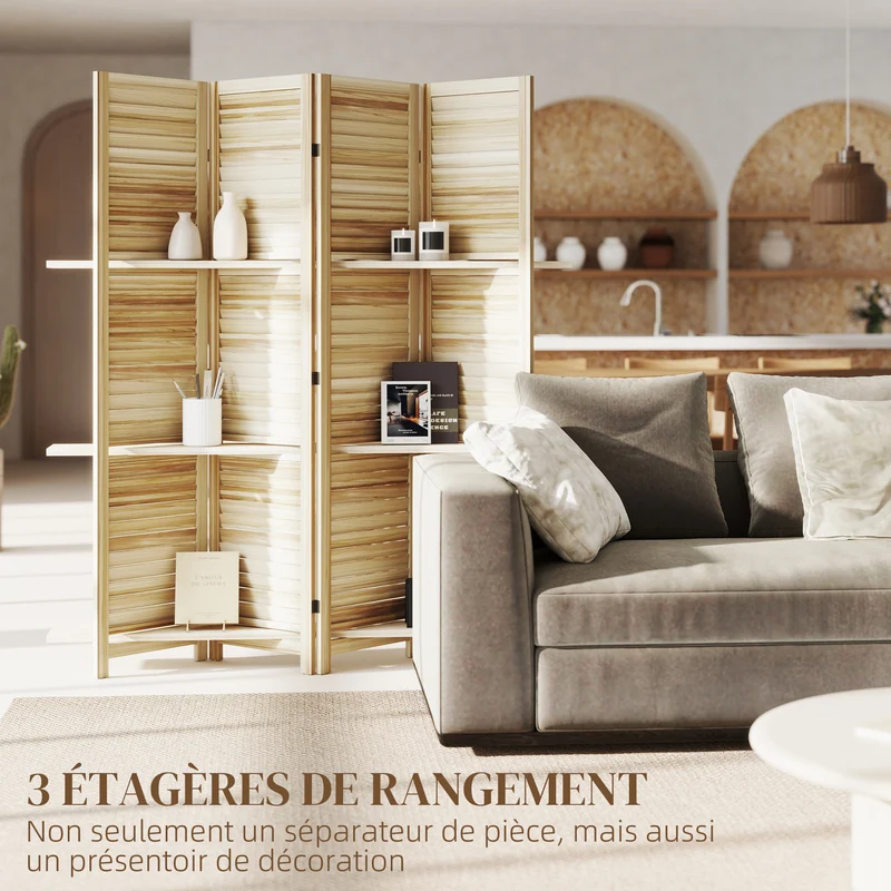 Paravent intérieur 4 panneaux séparateur 160 x 1,9 x 170 cm avec portes persiennes 3 étagères design en bois naturel 21_0001225
