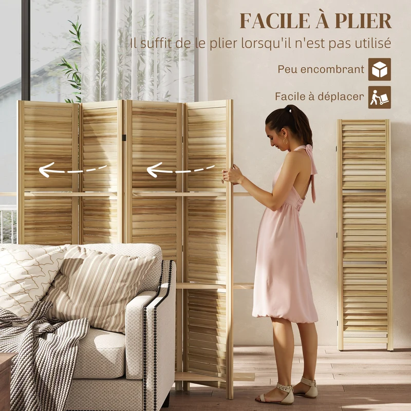 Paravent intérieur 4 panneaux séparateur 160 x 1,9 x 170 cm avec portes persiennes 3 étagères design en bois naturel 21_0001225