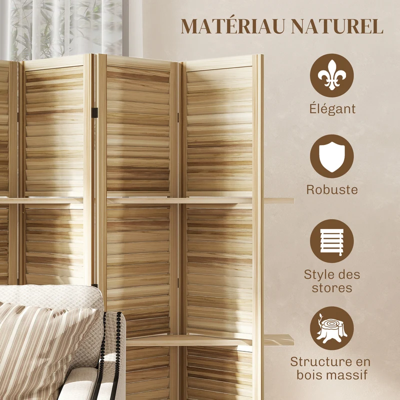 Paravent intérieur 4 panneaux séparateur 160 x 1,9 x 170 cm avec portes persiennes 3 étagères design en bois naturel 21_0001225