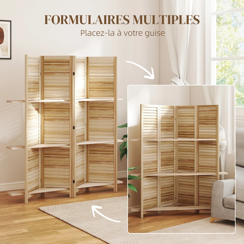 Paravent intérieur 4 panneaux séparateur 160 x 1,9 x 170 cm avec portes persiennes 3 étagères design en bois naturel 21_0001225