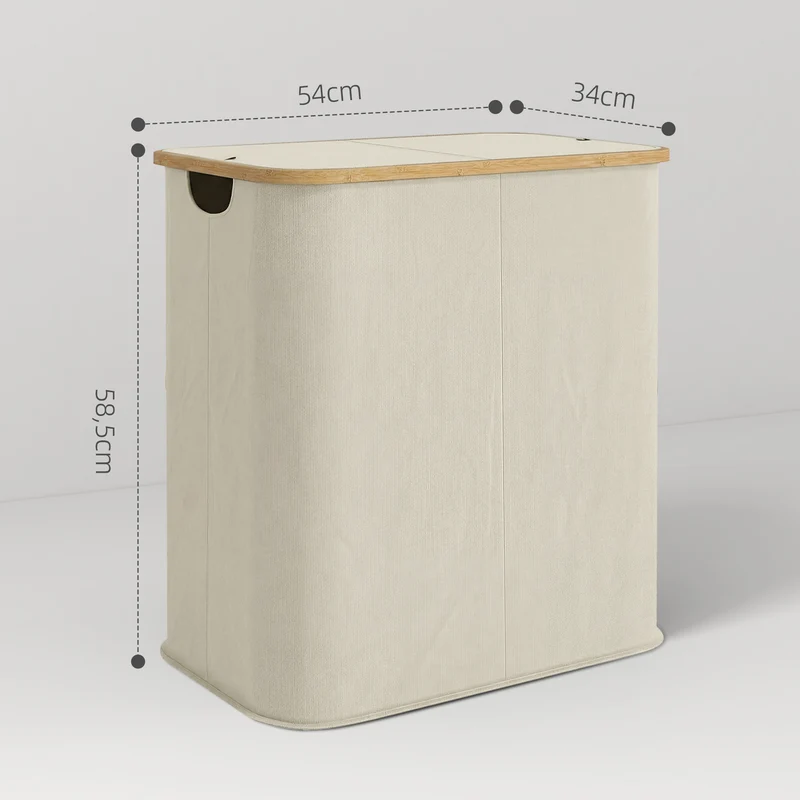Panier à linge double pliable tri 80 L 54 x 34 x 58.5 cm couvercle pliant poignées gain de place épuré en bambou beige 21_0005866