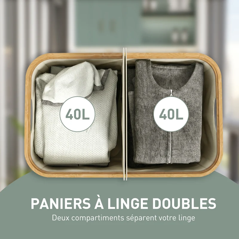 Panier à linge double pliable tri 80 L 54 x 34 x 58.5 cm couvercle pliant poignées gain de place épuré en bambou beige 21_0005866