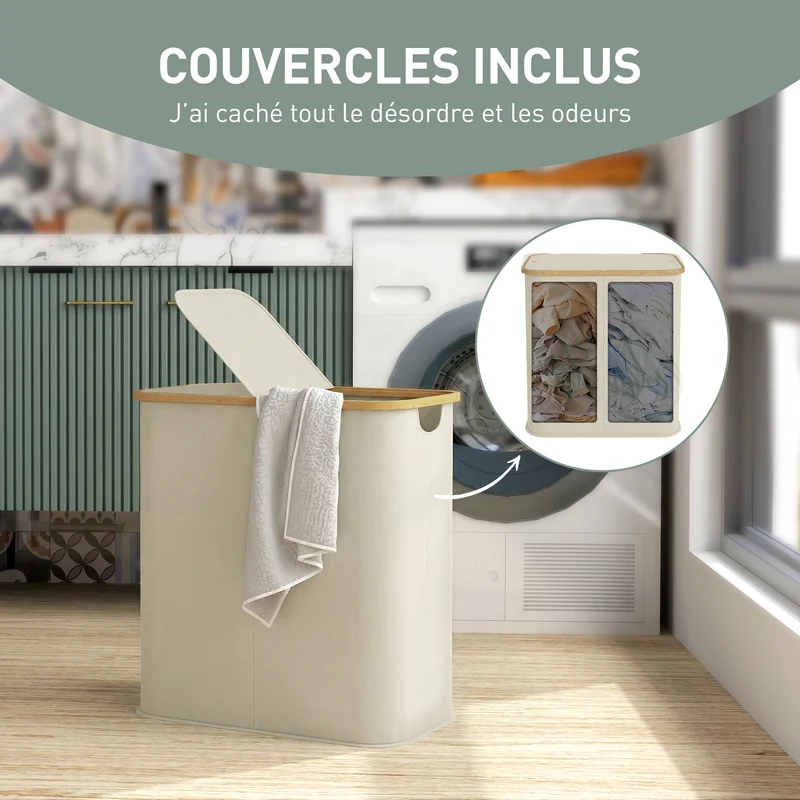 Panier à linge double pliable tri 80 L 54 x 34 x 58.5 cm couvercle pliant poignées gain de place épuré en bambou beige 21_0005866