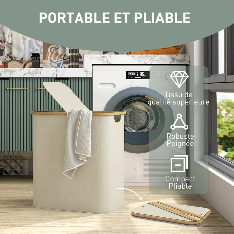 Panier à linge double pliable tri 80 L 54 x 34 x 58.5 cm couvercle pliant poignées gain de place épuré en bambou beige 21_0005866