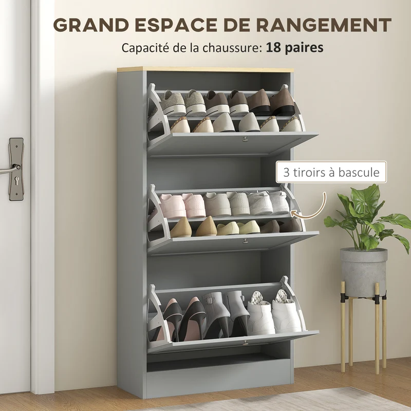 Meuble à chaussures étroit 60 x 23,5 x 115 cm rangement 18 paires anti-basculement moderne en panneau de particules gris 21_0002679
