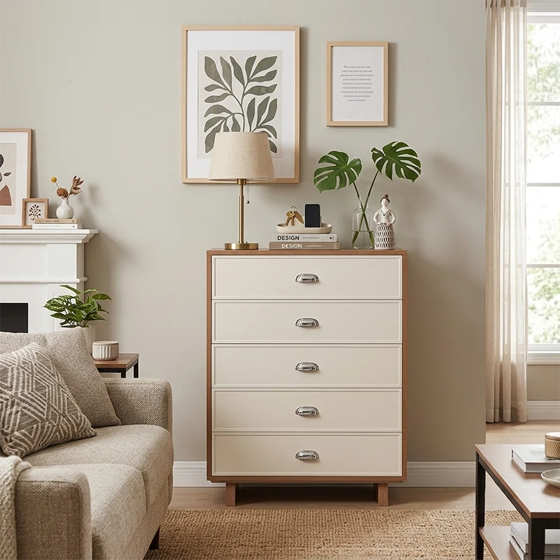 Scandinavian Style Wood Grain Finish Storage Cabinet: 5-Drawer Dresser Cabinet - Contemporary MDF Cabinet For Bedroom