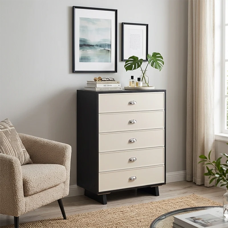 Scandinavian Style Wood Grain Finish Storage Cabinet: 5-Drawer Dresser Cabinet - Contemporary MDF Cabinet For Bedroom