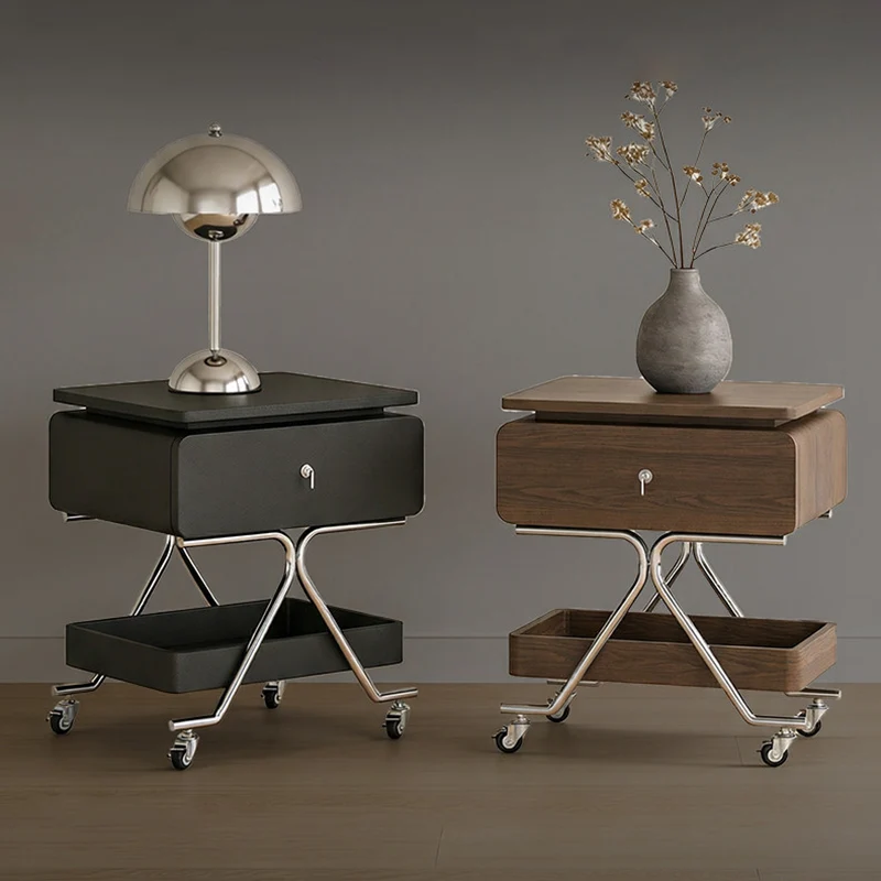 Contemporary Industrial Plywood Stainless Steel Faux Leather Rectangular Movable End Table 1-Drawer For Living Room & Bedroom